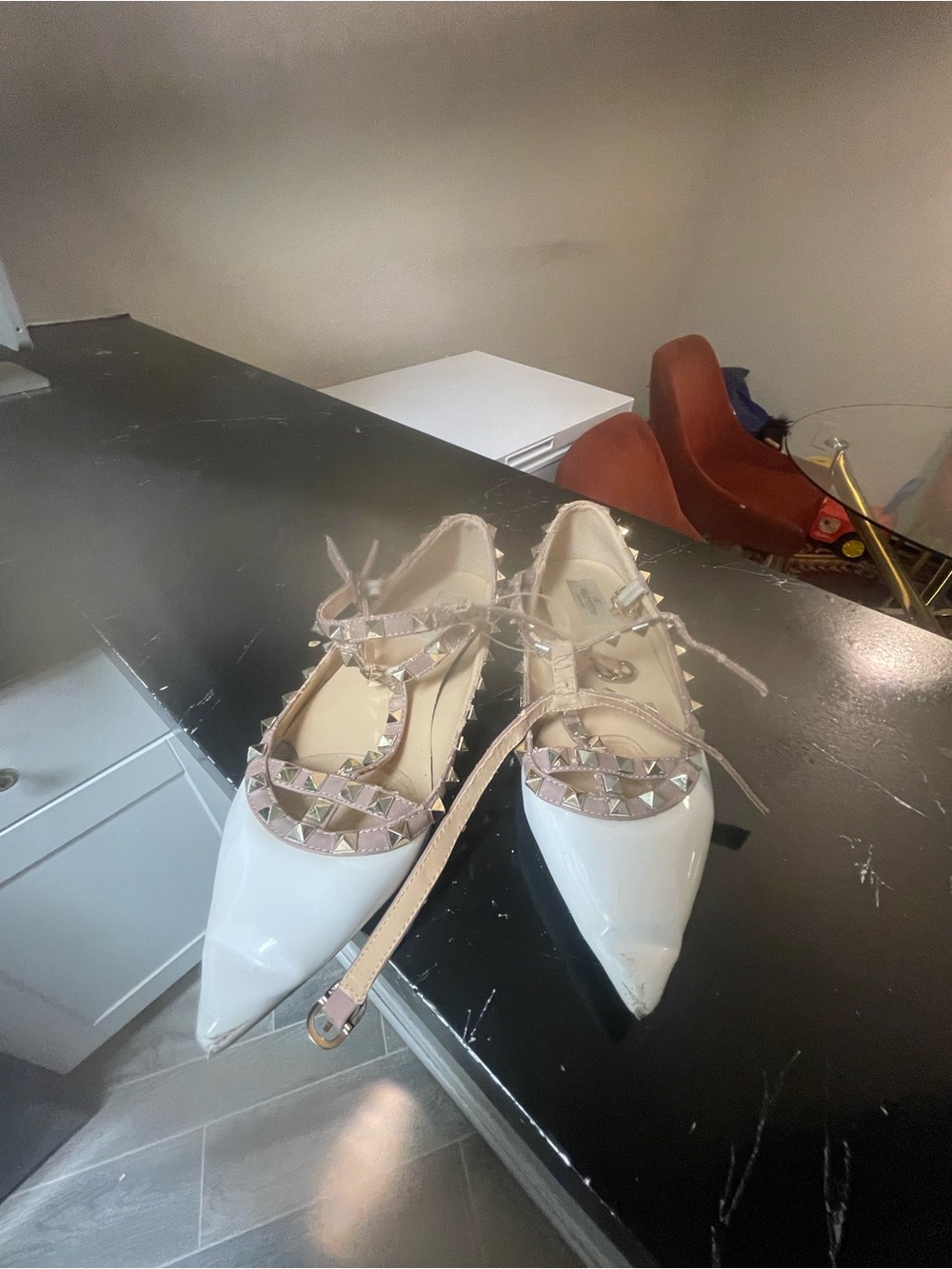 Valentino Garavani White Patent Pointed-Toe Studded Flats with Nude Straps